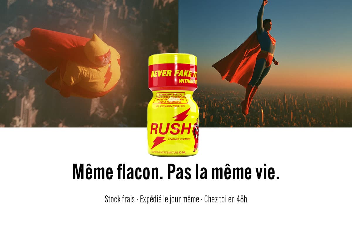 Deux silhouettes de super-héros de part et d’autre d’un flacon Rush 10 ml. Même flacon, pas la même vie.