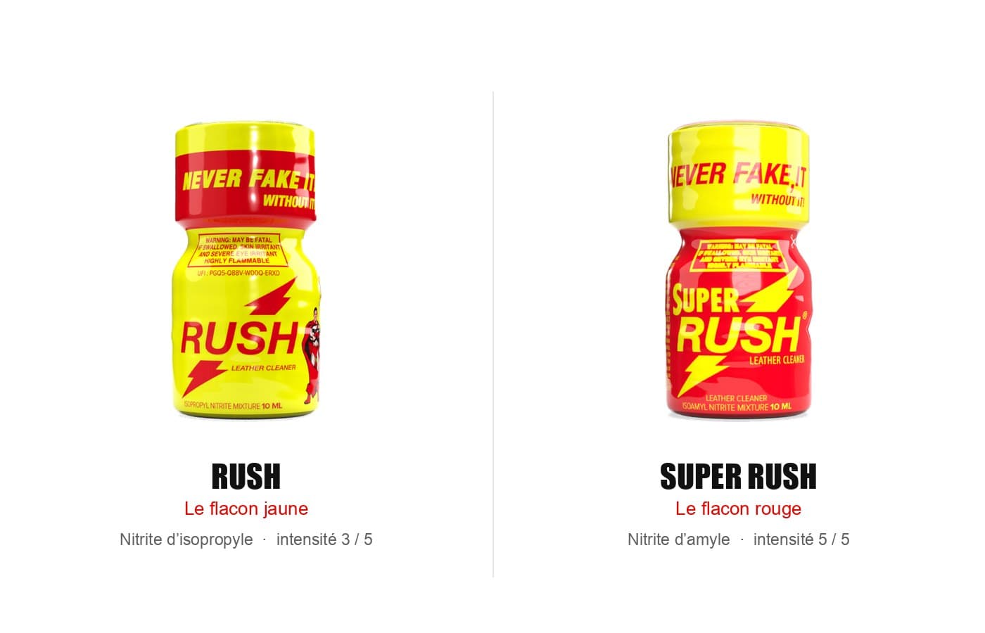Le flacon Rush jaune et le flacon Super Rush rouge en 10 ml, cote a cote