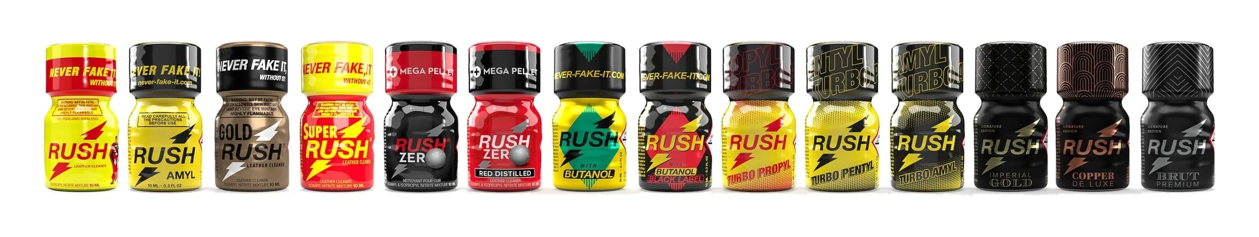 La gamme Rush au complet en flacons de 10 ml, du Rush classique aux lignes Turbo, Butanol et Signature Edition